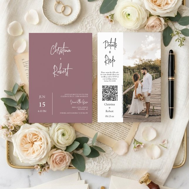 Convites Código QR de Foto de Casamento de Boho Roxo Modern (Criador carregado)