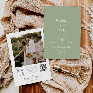 Convites Código QR de Foto de Casamento de Boho Verde Moder