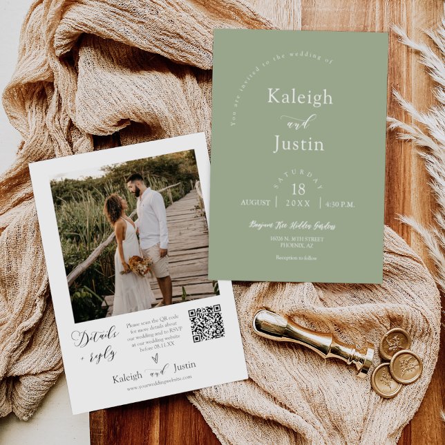 Convites Código QR de Foto de Casamento de Boho Verde Moder (Criador carregado)