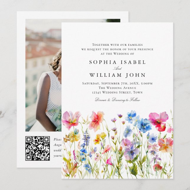 Convites Código QR de foto de casamento de flores silvestre (Frente/Verso)