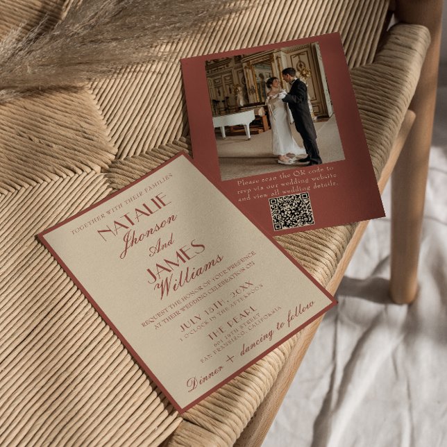 Convites Código QR de Foto de Casamento em Cobre de Auburn  (Criador carregado)
