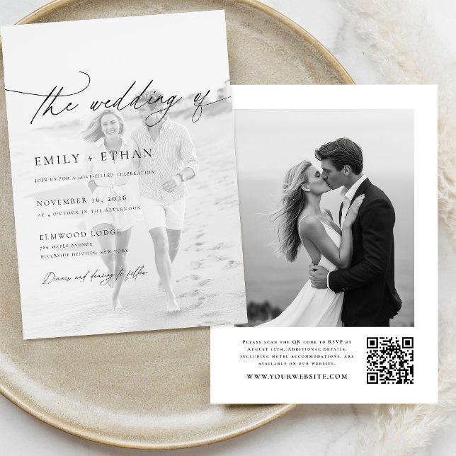 Convites Código QR de Foto de Casamento em Script Boho (Criador carregado)