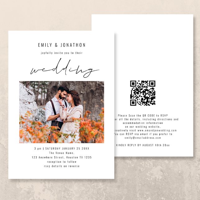 Convites Código QR de Foto de Casamento em Script Moderno (Criador carregado)