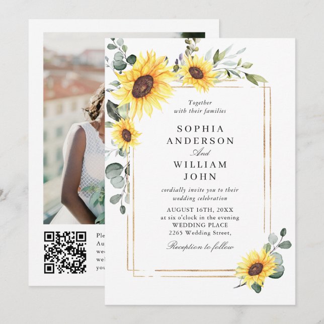 Convites Código QR de Foto de Casamento Eucalyptus Sunflowe (Frente/Verso)