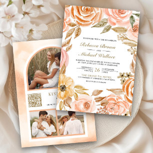 Convites Código QR de Foto de Casamento Floral Terroso de O