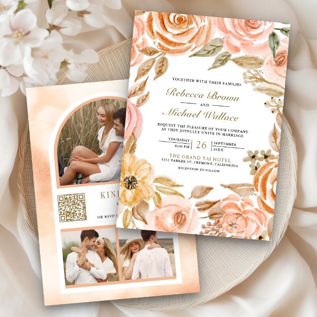 Convites Código QR de Foto de Casamento Floral Terroso de O (Criador carregado)