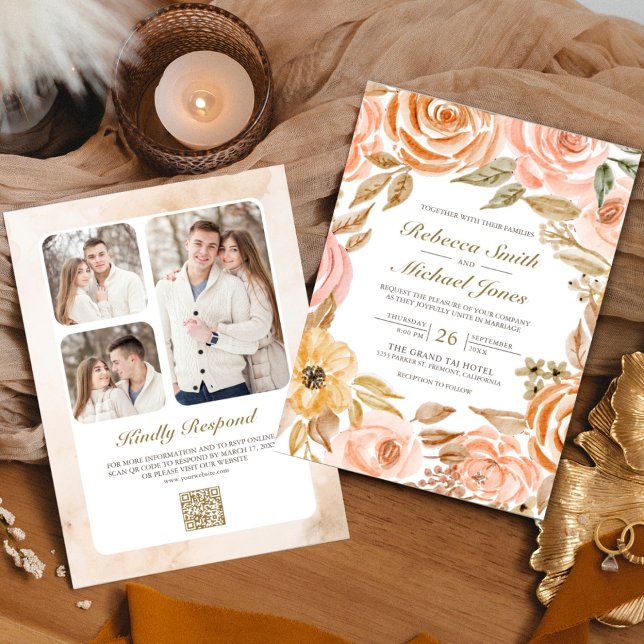 Convites Código QR de Foto de Casamento Floral Terroso Rúst (Criador carregado)
