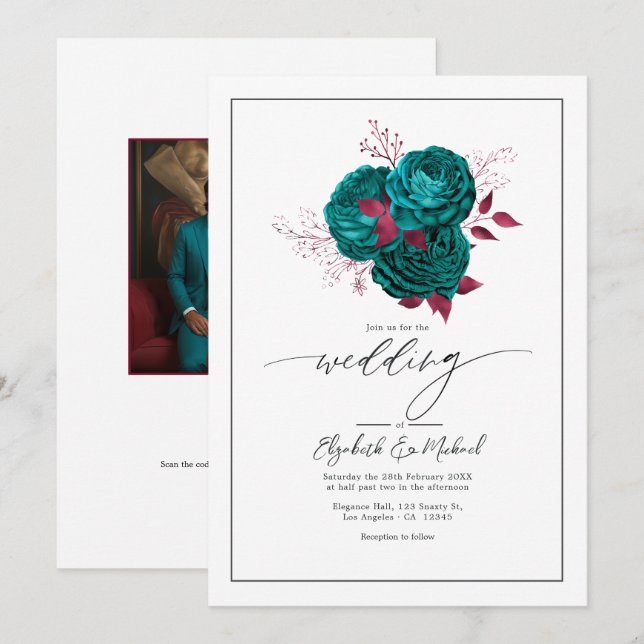 Convites Código QR de Foto de Casamento Floral Turquesa e B (Frente/Verso)