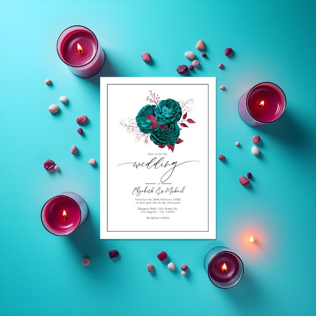 Convites Código QR de Foto de Casamento Floral Turquoise &  (Turquoise & Burgundy Floral Wedding Photo QR Code Invitation)