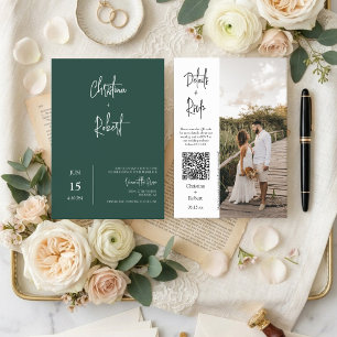 Convites Código QR de Foto de Casamento Minimal Boho Verde 
