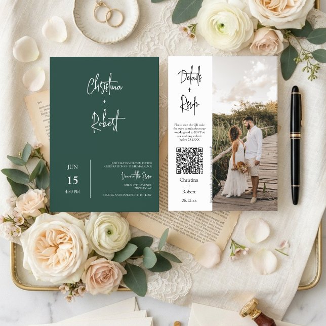 Convites Código QR de Foto de Casamento Minimal Boho Verde  (Criador carregado)