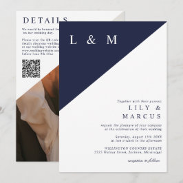 Convites Código QR de foto de casamento minimalista azul ma