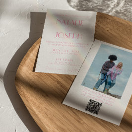 Convites Código QR de Foto de Casamento Minimalista Rosa El