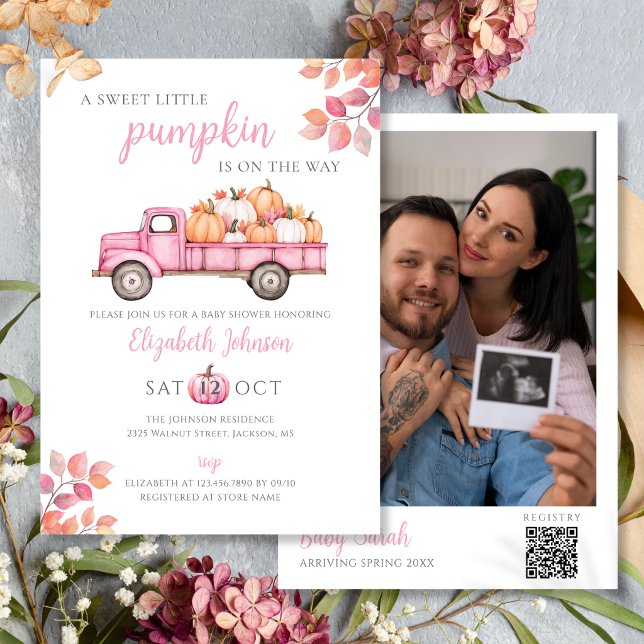 Convites Código QR de Foto de Chuvada de Bebê Rosa Abóbora  (Sweet Pumpkin Pink Baby Shower Photo QR Code Invitation)