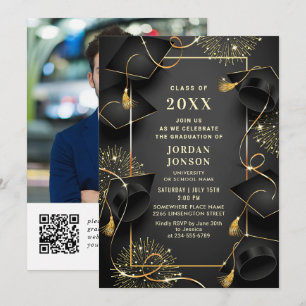 Convites Código QR de Foto de Festa de formatura Preta do O