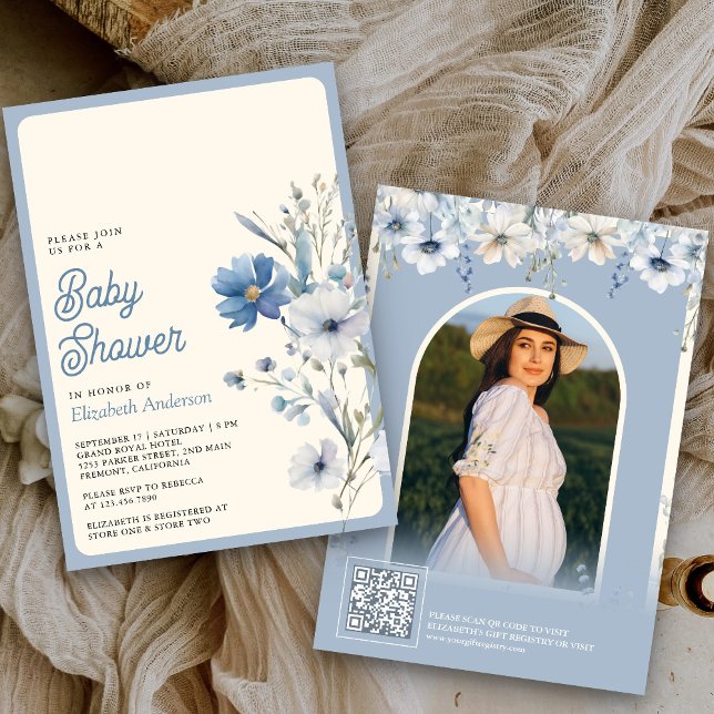 Convites Código QR de Foto de Flor Silvestre Azul Empoeirad (Criador carregado)