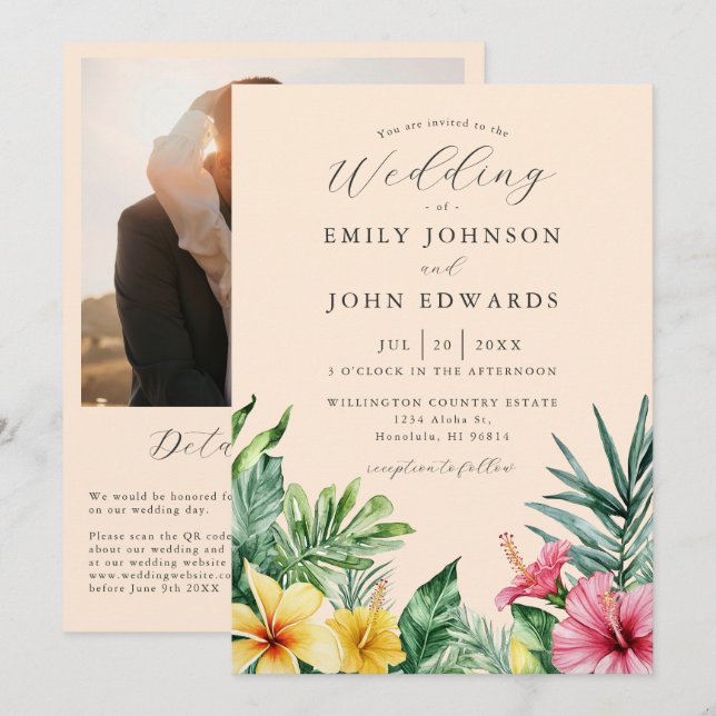 Convites Código QR de foto de flores tropicais de pêssego C (Frente/Verso)