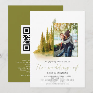 Convites Código QR de Foto de Floresta de Outono Verde Oliv