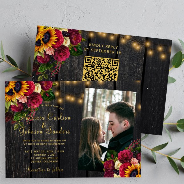 Convites Código QR de foto de girassóis e rosas para casame (Criador carregado)