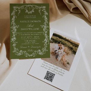 Convites Código QR de Foto de Jardim Floral Verde Oliva Cas