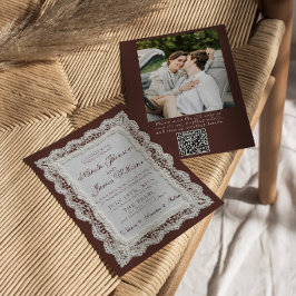 Convites Código QR de Foto de Renda Marrom Chocolate para C