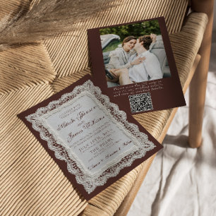 Convites Código QR de Foto de Renda Marrom Chocolate para C
