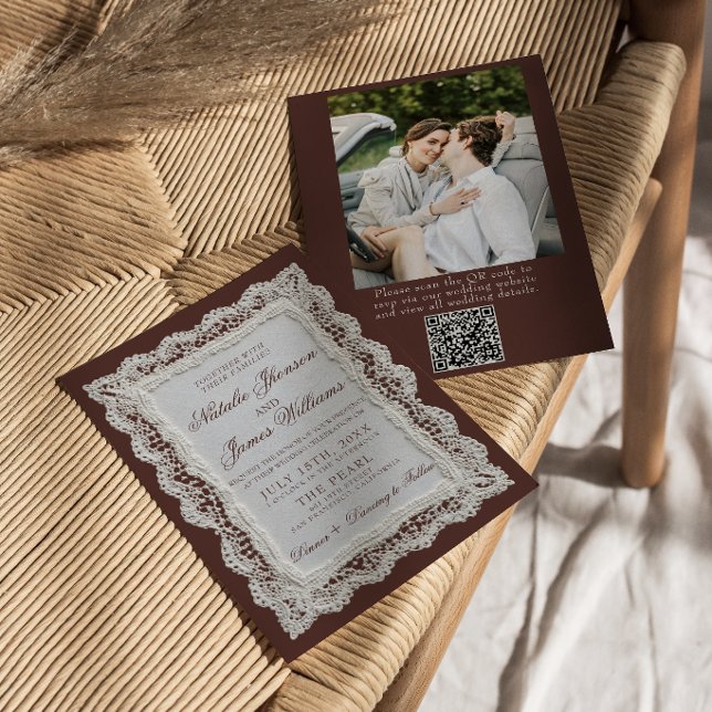 Convites Código QR de Foto de Renda Marrom Chocolate para C (Criador carregado)