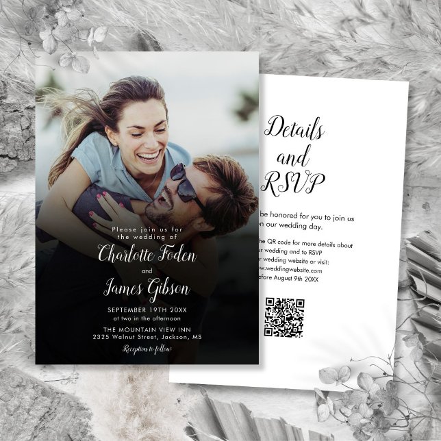 Convites Código QR de Foto de Roteiro Moderno Casamento (Modern Script Photo QR Code Wedding Invitation)
