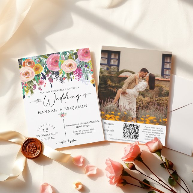 Convites Código QR de Foto do Arch Floral de Casamento Româ (Criador carregado)