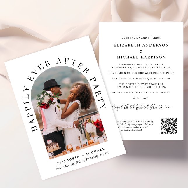 Convites Código QR de Foto do Arco Elegante Recepção de Cas (Celebrate your love story with an invitation showcasing your favorite photo in an elegant arch frame)