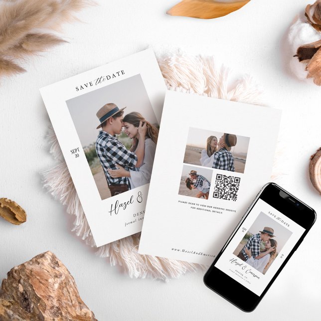 Convites Código QR de Foto do Casal Moderno Mínimo Salve a  (Minimal Modern Couple Photo QR Code Save The Date Invitation)