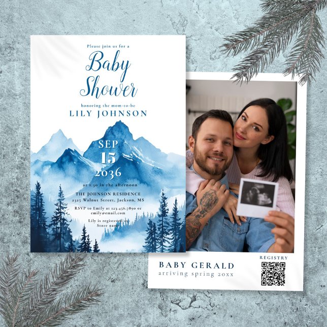 Convites Código QR de Foto do Chuveiro de Bebê Montanha Aqu (Blue Watercolor Mountain Baby Shower Photo QR Code Invitation)