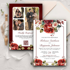 Convites Código QR de Foto Floral de Rosas Vermelhas Românt