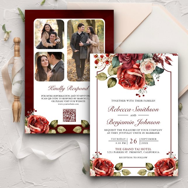Convites Código QR de Foto Floral de Rosas Vermelhas Românt (Criador carregado)
