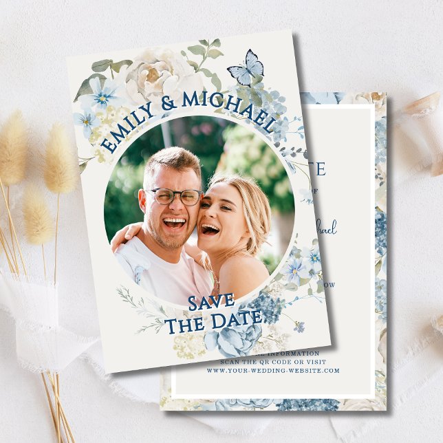 Convites Código QR de Foto Floral Romântica Azul (Criador carregado)