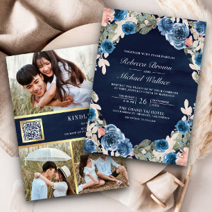 Convites Código QR de Foto Floral Rosa Casamento Azul Escur