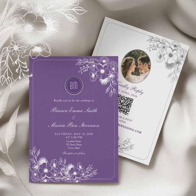 Convites Código QR de Foto Floral Roxo Casamento (Criador carregado)