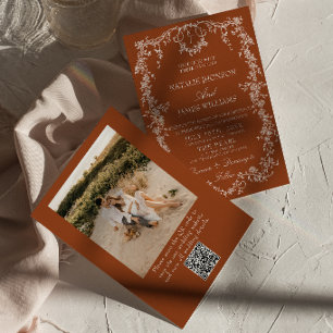 Convites Código QR de Foto Laranja Queimada Floral Casament