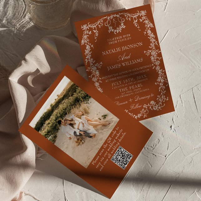 Convites Código QR de Foto Laranja Queimada Floral Casament (Criador carregado)