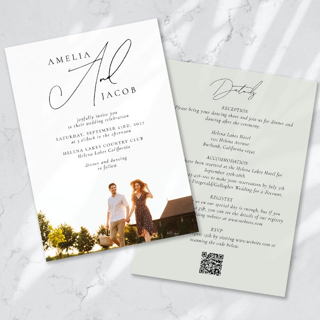 Convites Código QR de Foto Moderna Verde Sage Tudo em Um Ca (Criador carregado)