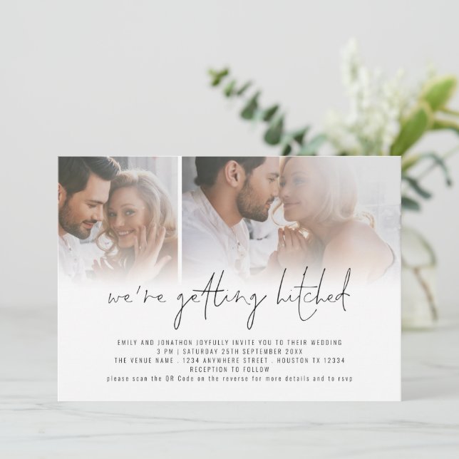 Convites Código QR de Foto Moderno 2 Obtendo Casamento Hitc (Em pé/Frente)