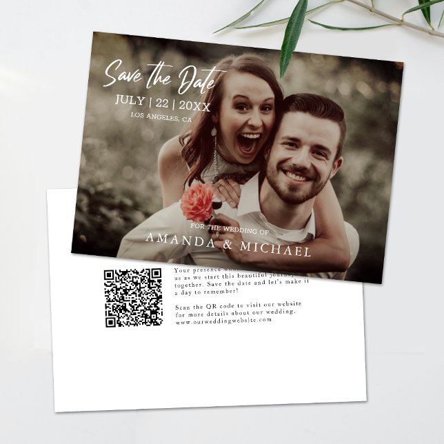 Convites Código QR de Foto Moderno Simples Casamento Salve  (Save time and reduce wedding planning stress with this QR code Save the Date card.)