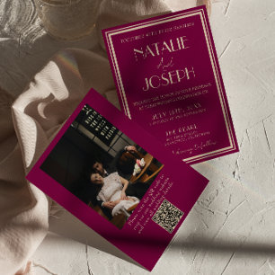 Convites Código QR de Foto Retro de Vinho Sofisticado para 