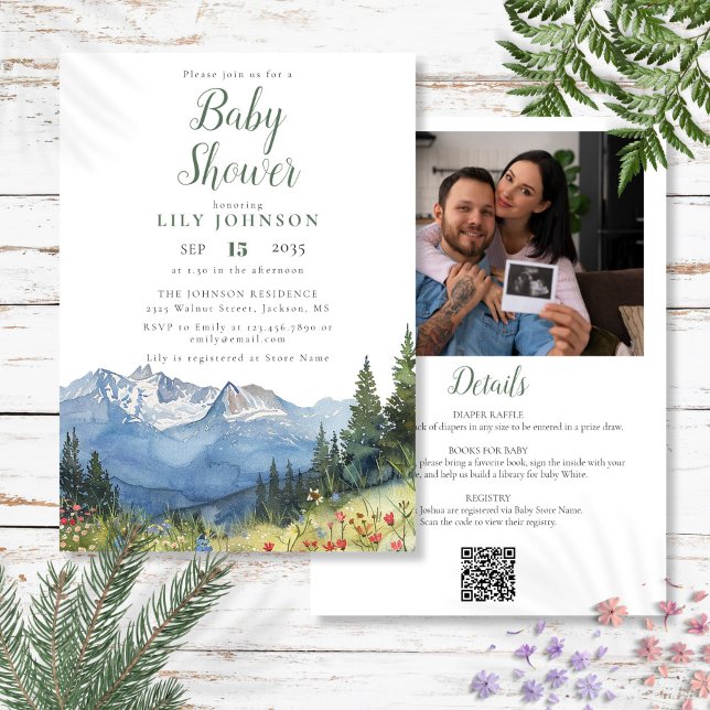 Convites Código QR de foto tudo em um para chá de bebê de m (Mountain Baby Shower All In One Photo QR Code Invitation)