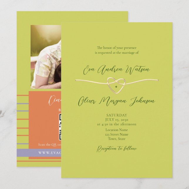 Convites Código QR de Foto Verde de Citrus Casamento (Frente/Verso)