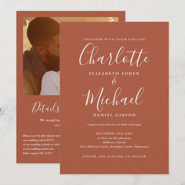 Convites Código QR de Fotografia de Casamento com Letra Ele (Frente/Verso)