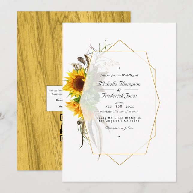 Convites Código QR de Girassóis Rústicos RSVP Casamento Boê (Frente/Verso)