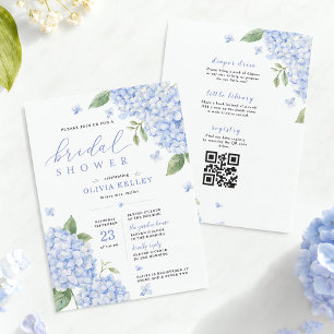 Convites Código QR de Hortênsia Azul Floral Aquarela