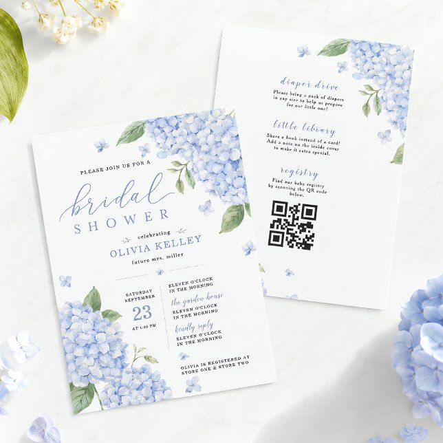 Convites Código QR de Hortênsia Azul Floral Aquarela (Blue Hydrangea Qr Code Watercolor Floral Invitation)