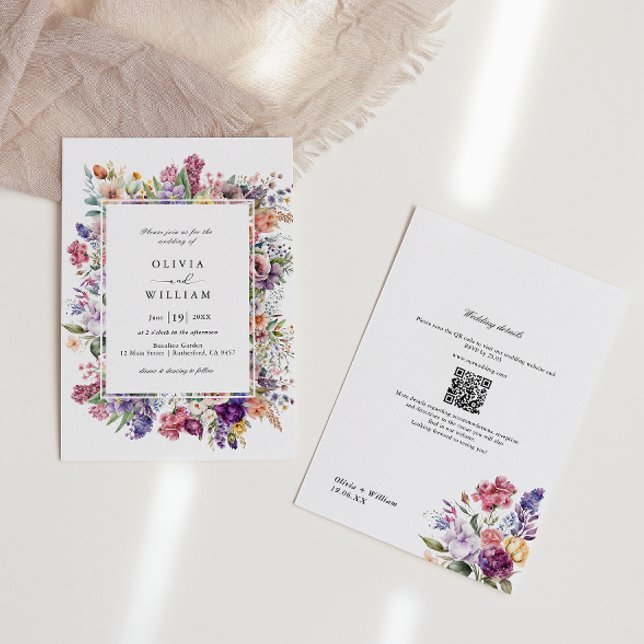 Convites Código QR De Jardim Floral De Casamento Tudo Em Um (Criador carregado)